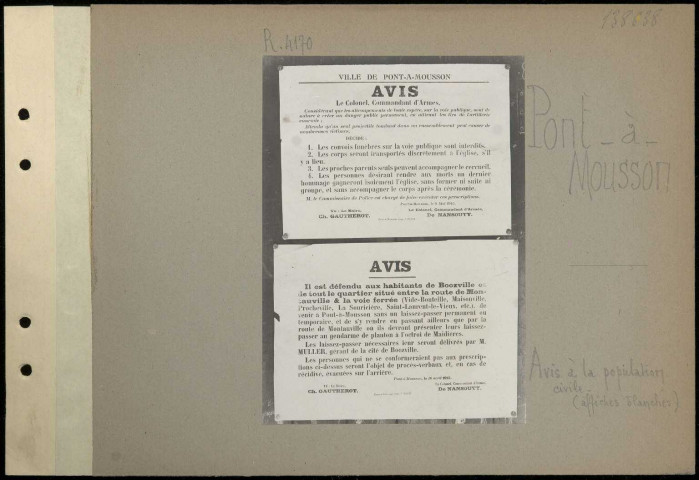 Pont-à-Mousson. Avis à la population civile (affiches blanches)