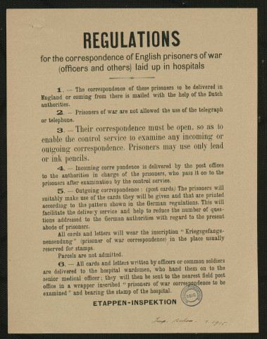 Regulations for the correspondance of English prisoners of war (officers and others) laid up in hospitals