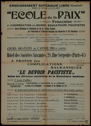 "Ecole de la paix" Cours gratuits de l'année 1913 (1re Partie)