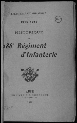 Historique du 288ème régiment d'infanterie