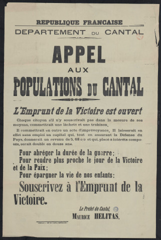 Appel aux populations du Cantal : l'emprunt de la victoire est ouvert