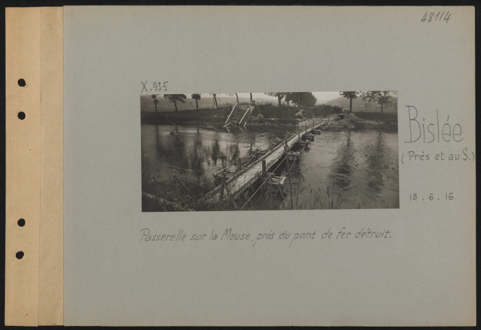 Bislée (près et au sud). Passerelle sur la Meuse près du pont de fer détruit