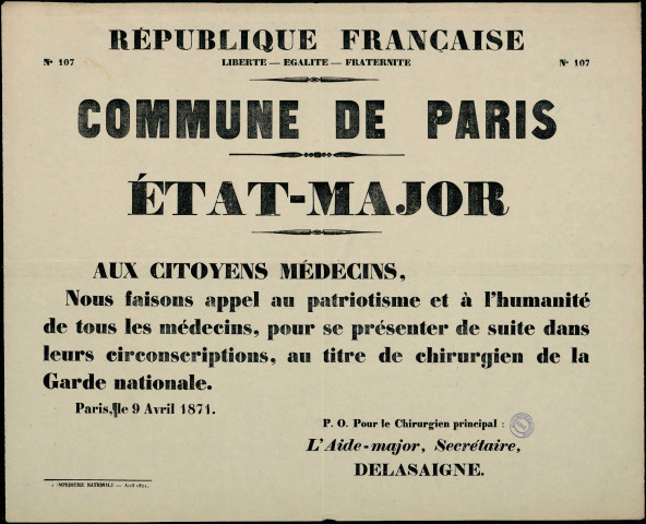 N°107. Aux citoyens médecins appel au patriotisme pour se présenter au titre de chirurgien de la Garde nationale