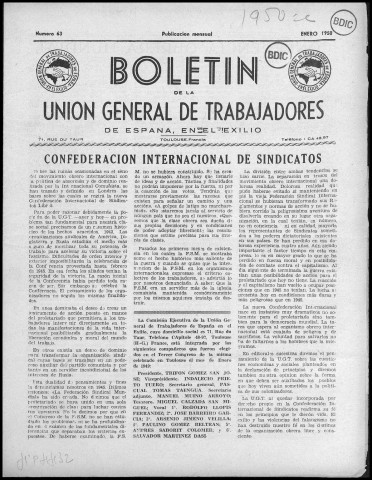 Boletín de la Unión general de trabajadores de España en exilio (1950 ; n° 63-74). Autre titre : Suite de : Boletín de la Unión general de trabajadores de España en Francia y su imperio