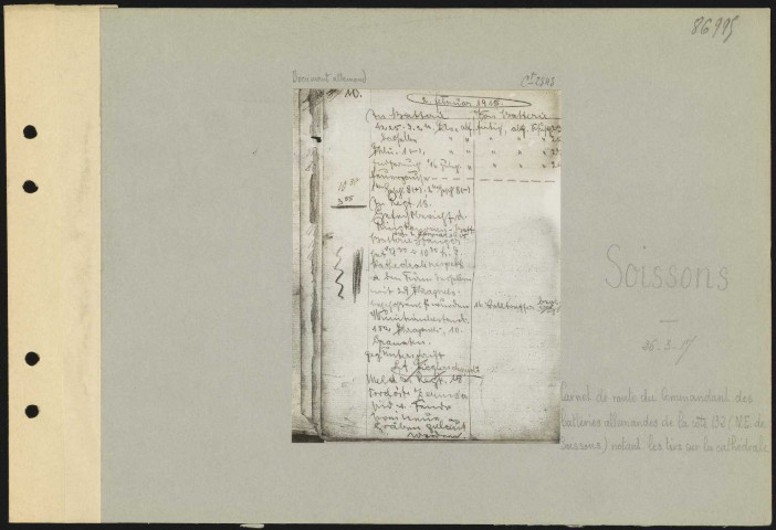 Soissons. Carnet de route du commandant des batteries allemandes de la côte 132 (nord-est de Soissons) notant les tirs sur la cathédrale