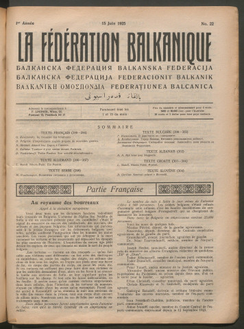 Juin 1925 - La Fédération balkanique