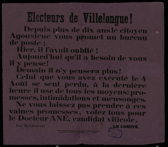Villelongue : Votez tous pour le Docteur Ané, candidat viticole