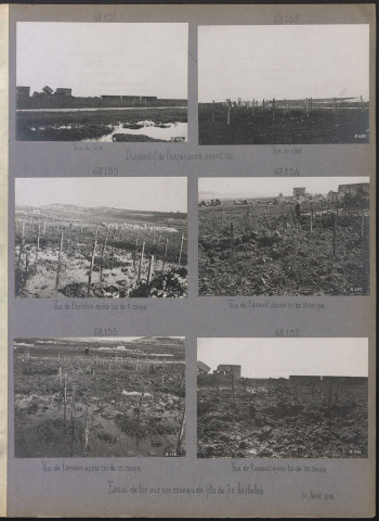 S.l. Essai de tir sur un réseau de fils de fer barbelés. Dispositif de l'expérience avant tir. Vue de face