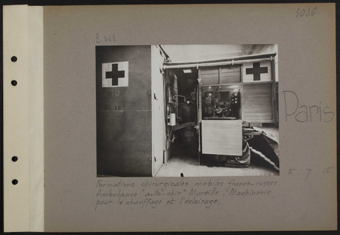 Paris. Formations chirurgicales mobiles franco-russes. Ambulance "auto-chir" Marcille. Machinerie pour le chauffage et l'éclairage