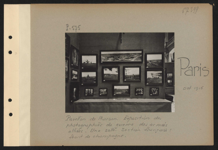 Paris. Pavillon de Marsan. Exposition des photographies de guerre des armées alliées. Une salle. Section française : front de Champagne