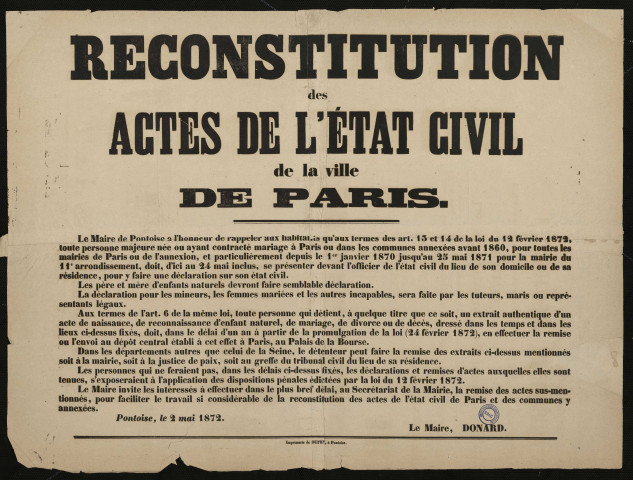 Reconstitution des actes de l'état civil de la ville de Paris