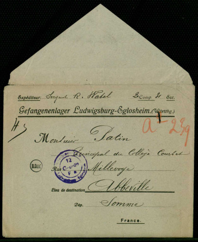 Lettre adressée par le sergent R.Watel à M.Patin, principal du Collège Courbet, Abbeville (Somme)