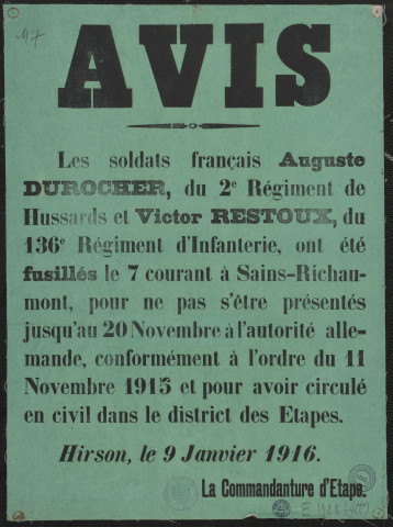 Avis : les soldats français & ont été fusillés & pour ne pas s'être présentés & à l'autorité allemande