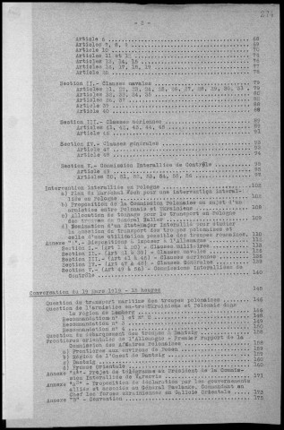 TABLE DES MATIERES : Conférences de Paix. Procès Verbaux et Résolutions.- Conférences et réunions du 11 mars au 27 mars 1919. Sous-Titre : Conférences de la paix