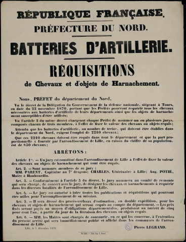 Batteries d'artillerie : Requisitions de Chevaux et d'objets de Harnachement
