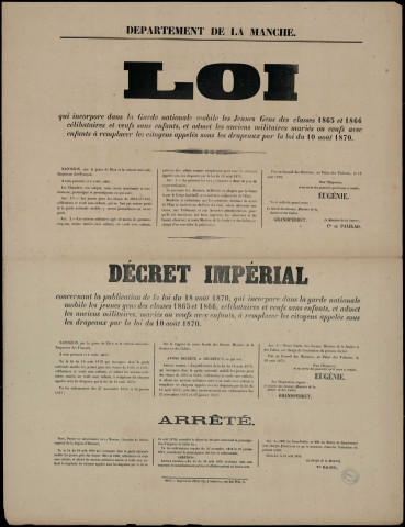 Loi qui incorpore dans la Garde Nationale mobile les Jeunes Gens des classes 1865 et 1866