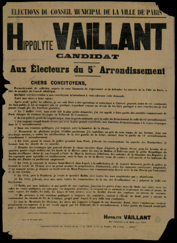 Élections du Conseil Municipal : Hippolyte Vaillant Candidat