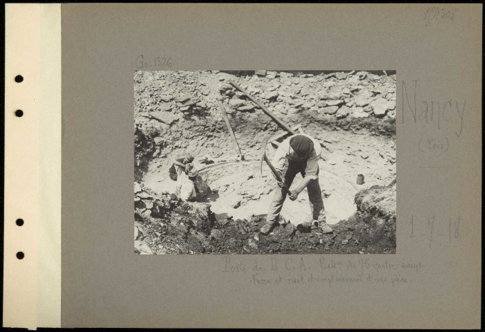 Nancy (près). Poste de DCA. Batterie de 75 contre avions. Fosse et rail d'emplacement d'une pièce