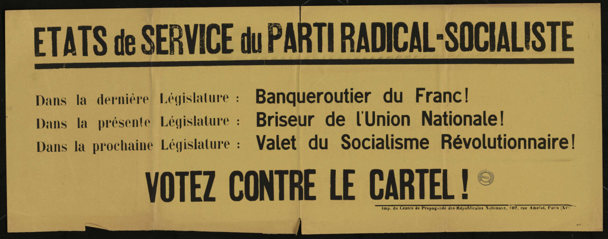 Etats de service du parti radical-socialiste : votez contre le cartel !