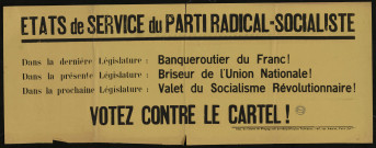 Etats de service du parti radical-socialiste : votez contre le cartel !