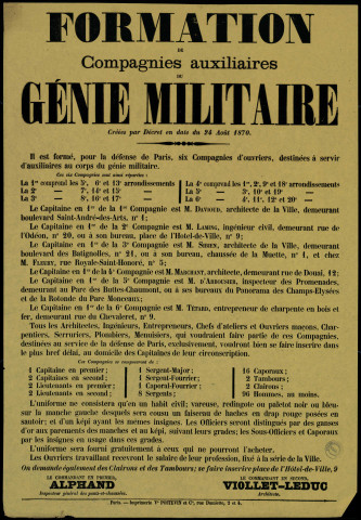 Formation de compagnies auxiliaires du génie militaire…