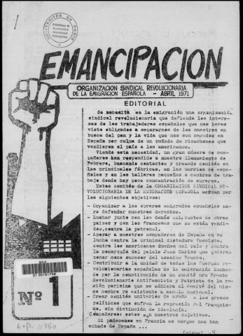 Emancipación (1971 : n° 1-2). Sous-Titre : Organización sindical revolucionaria de la emigración española. Autre titre : devient : Emancipación : oposición sindical obrera