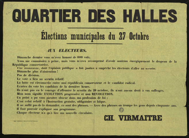 Quartier des Halles : Élections municipales du 27 octobre Ch. Virmaitre