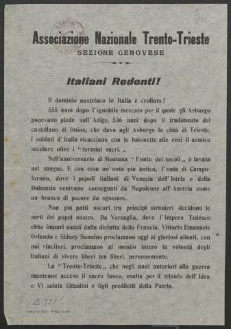 Guerre mondiale 1914-1918. Italie. Questions Territoriales