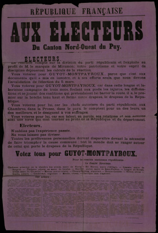 Aux électeurs du canton Nord-Ouest du Puy. Votez tous pour Guyot-Montpayroux