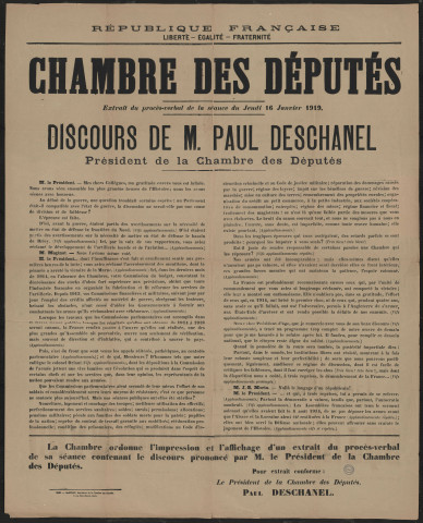 Chambre des députés : extrait du procès-verbal de la séance du jeudi 16 janvier 1919. Discours de M. Paul Deschanel, président de la Chambre des députés