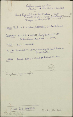 Conférence navale. 11-12 juin 1918. Londres. Conférence interalliée. France, G.B., ItalieSous-Titre : Dossier Mantoux