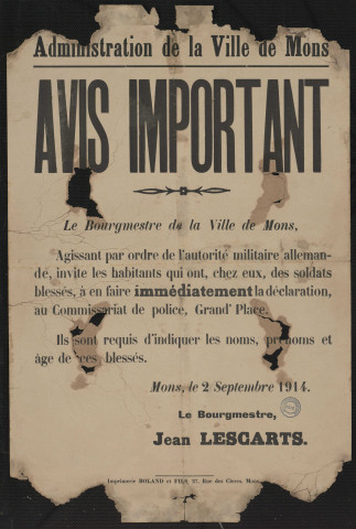 Le bourgmestre de la ville de Mons...amp; invite les habitants qui ont...amp; des soldats blessés, à en faire immédiatement la déclaration