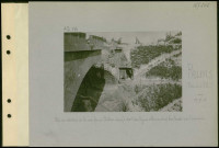 Reims (Près et à l'est). Pont au-dessus de la voie ferrée Châlons-Laon (à 800 mètres des lignes allemandes) bombardé par l'ennemi