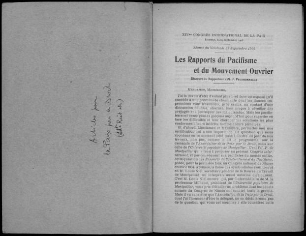 Les rapports du pacifisme et du mouvement ouvrier. Sous-Titre : XIVe Congrès international de la paix, Lucerne, 19-24 septembre 1905.