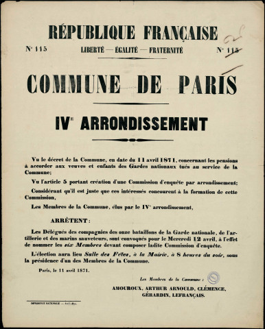 N°115. Décret Concernant les pensions à accorder aux veuves et enfants des Gardes nationaux tués Commission d'enquête