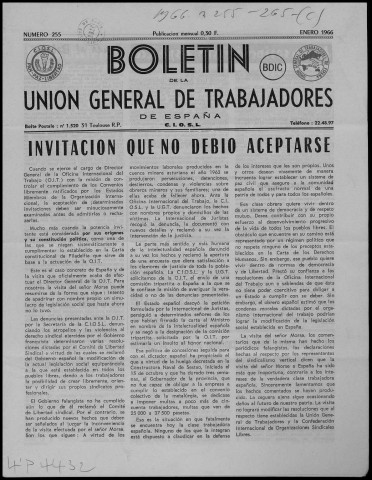Boletín de la Unión general de trabajadores en España (1966 ; n° 255-266). Autre titre : Suite : Boletín de la Unión general de trabajadores de España en el exilio