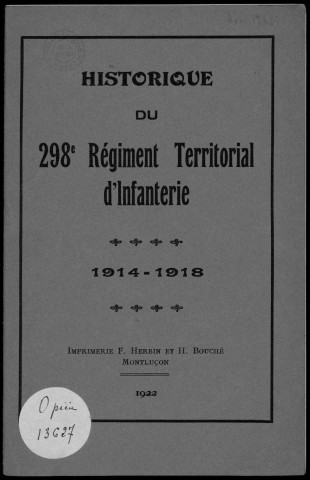 Historique du 298ème régiment territorial d'infanterie