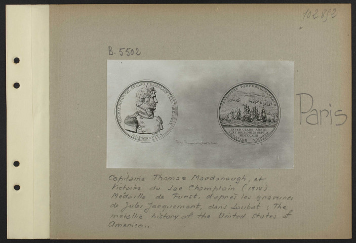 Paris. Capitaine Thomas Macdonough, et victoire du lac Champlain (1814). Médaille de Furst. D'après les gravures de Jules Jacquemart, dans Loubat : The metallic history of the United States of America