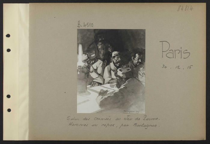 Paris. Salon des Armées au Jeu de paume. Hommes au repos, par Montagnac
