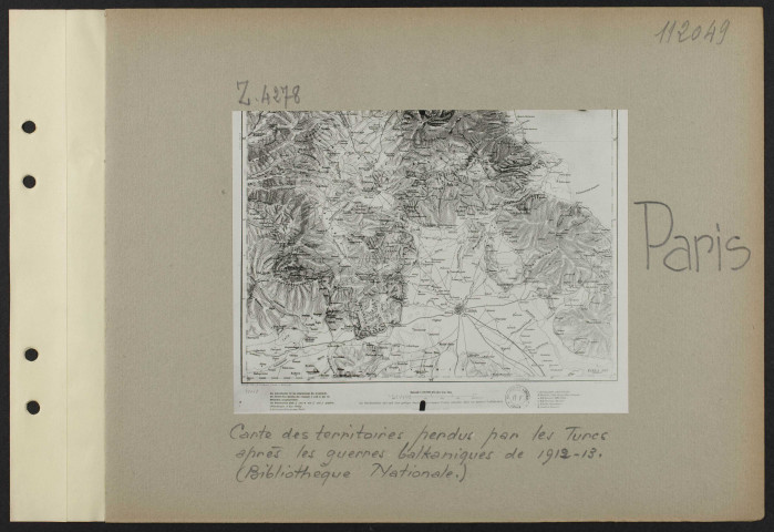 Paris. Carte des territoires perdus par les Turcs après les guerres balkaniques de 1912-13. (Bibliothèque nationale)