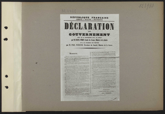[Déclaration du gouvernement lue, le 18 septembre 1917, au Sénat par monsieur Raoul Péret, garde des Sceaux, ministre de la Justice]
