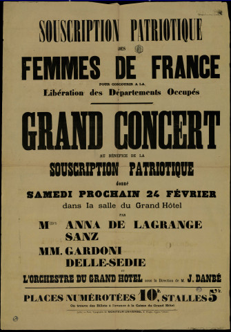 Souscription patriotique des femmes de France : Grand concert au bénéfice de la souscription patriotique