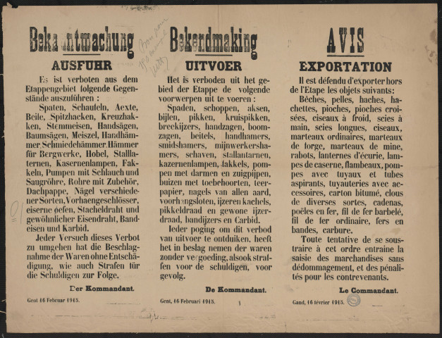 Es ist verboten aus dem Etappengebiet folgende Gegenstände auszuführen = Het is verboden uit het gebied det Etappe de volgende voorwerpen uit te voeren = Il est défendu d'exporter hors de l'étape les objets suivants