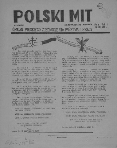 Polski Mit (1944; n°8-9)  Sous-Titre : Organ polskiego zjednoczenia panstwa i pracy  Autre titre : Hebdomadaire polonais