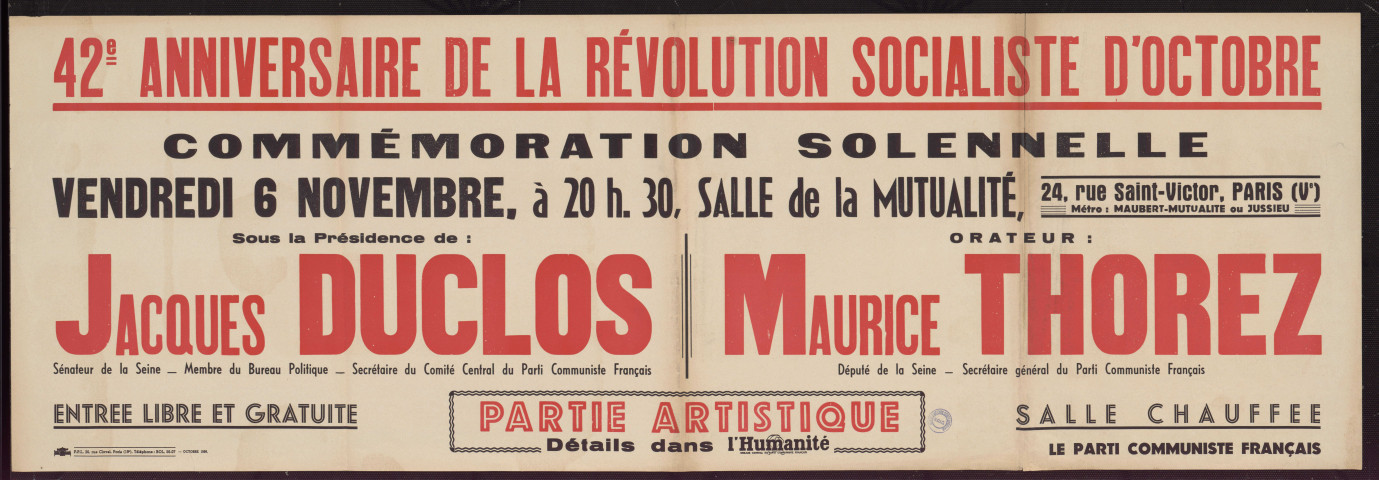 42e anniversaire de la révolution socialiste d'octobre : commémoration solennelle… Sous la présidence de Jacques Duclos… Maurice Thorez