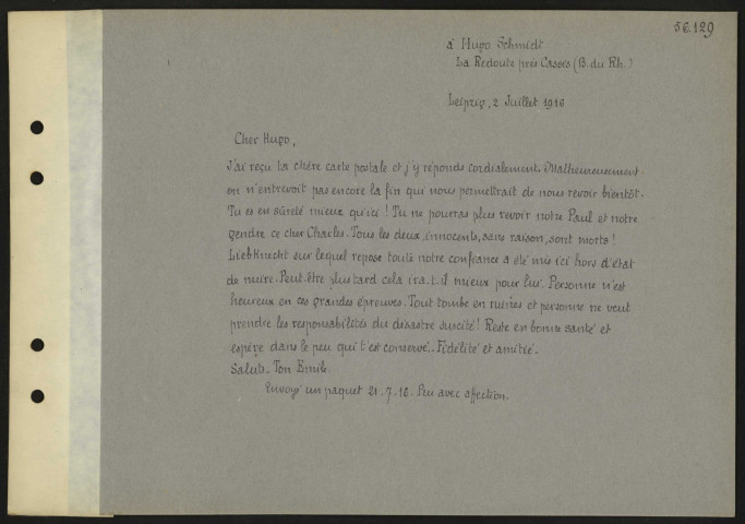 [Traduction de la lettre adressée à Hugo Schmidt. 2 juillet 1916]