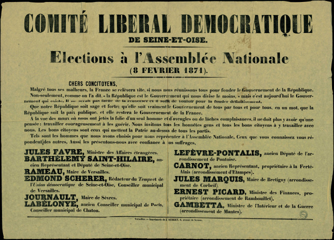 Comité Libéral Démocratique de Seine-et-Oise : Elections à l'Assemblée Nationale