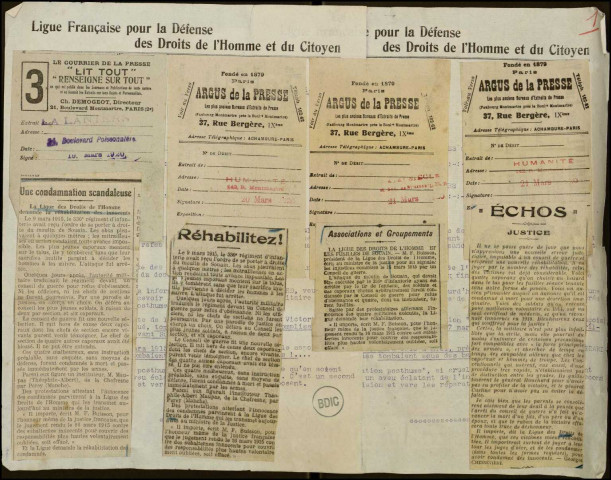 09.- Cahiers des droits de l'homme (CDH).. 10 mai 1921. "L'affaire Maupas à la Chambre.". Sous-Titre : Dossier Blanche Maupas
