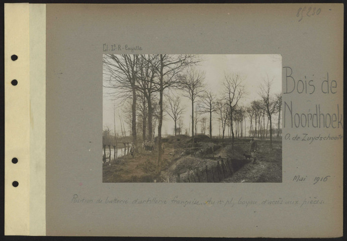 Bois de Noordhoek (ouest de Zuydschoote). Position de batterie d'artillerie française. Au premier plan, boyau d'accès aux pièces