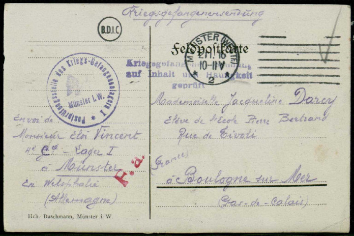 Lettres de prisonniers filleuls des élèves, École P.Bertrand à Boulogne sur Mer